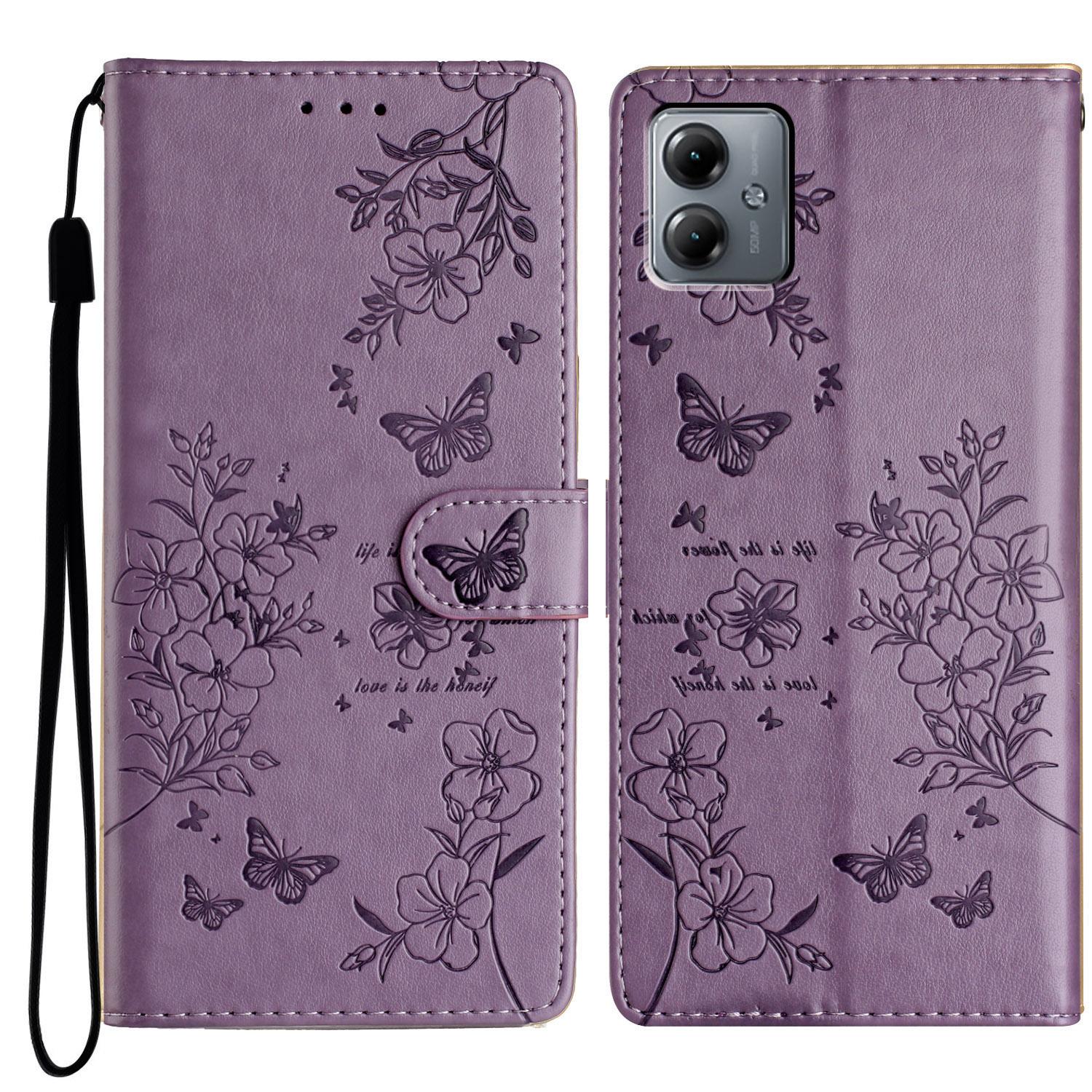 

For Motorola Moto G14 4G Stand Case Butterfly Floral Imprint Leather Phone Cover Purple