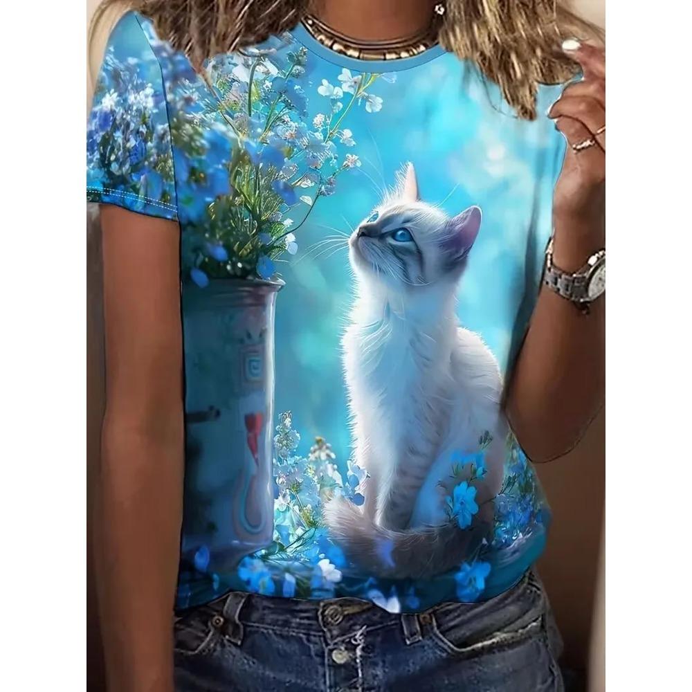 Cute Cats Small Animals Fun 3D Printed Short Sleeved T-shirt Fashionable Comfortable Soft Breathable Large Loose Summer Womens T-shirt