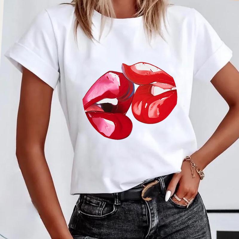 

(Азіатський розмір) Короткі рукави Lip Love Sexy Trend Мила мила жіноча футболка з принтом Літня модна футболка Жіноча базова футболка з графічним малюнком XXL