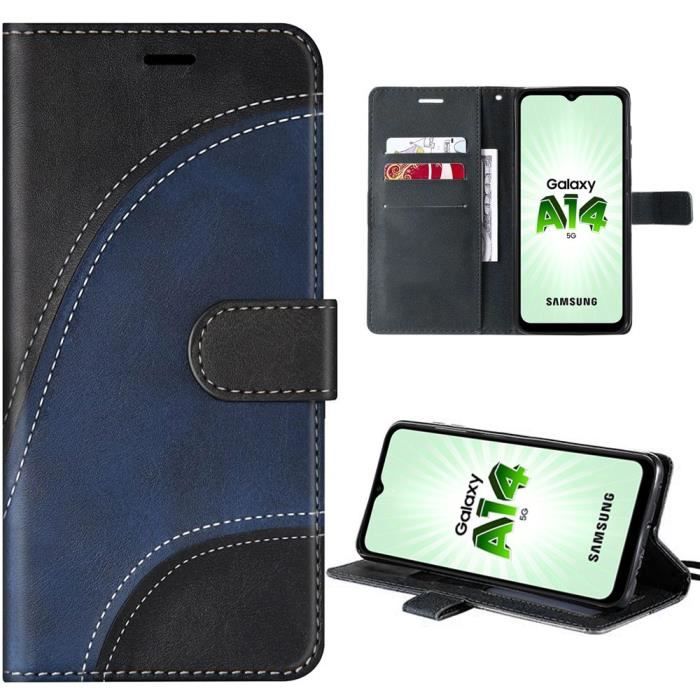 Coque de protection - BOOLING - pour Samsung Galaxy A14 4G-5G - Cuir PU Noir-Bleu Marine - Antichoc - Motif Vague Epissée