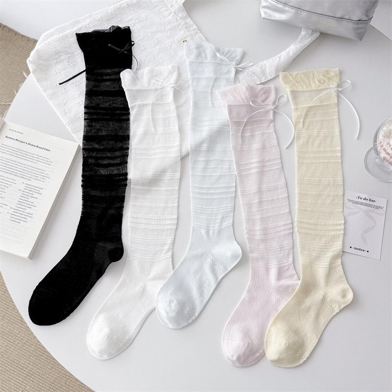 Spring Summer Solid Women Calf Socks Ballet Style Ribbon Bow Women Loose Stockings Simple Versatile Lolita Girl Loose Long Socks
