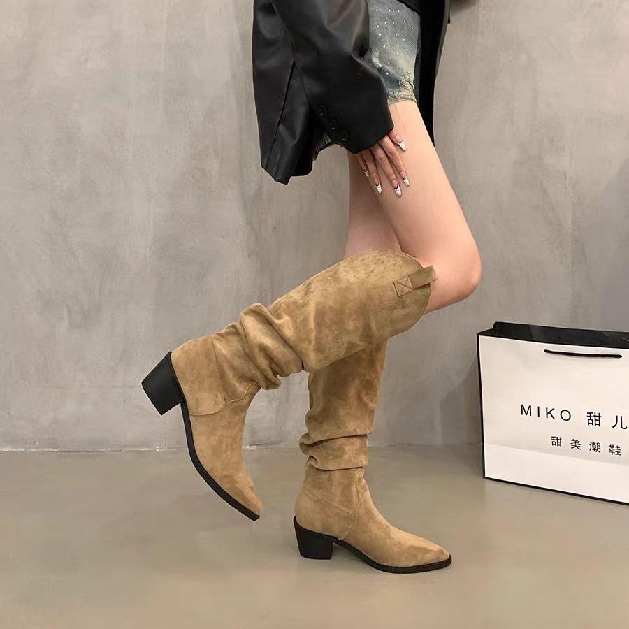 Long Boots 2026 French Retro Coffee Colored Pile Boots Western Cowboy Boots Autumn and Winter High Boots Women's Boots