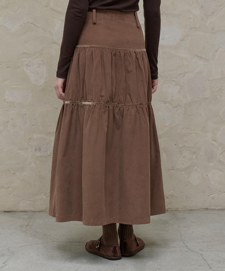 Itove Seoul Corduroy Shirred Long Skirt Brown