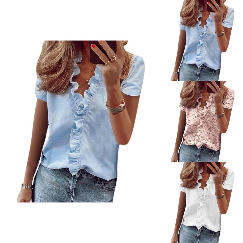Stylish Women's V Neck Ruffle Short Sleeve T Shirt With Fashionable Daisy Print