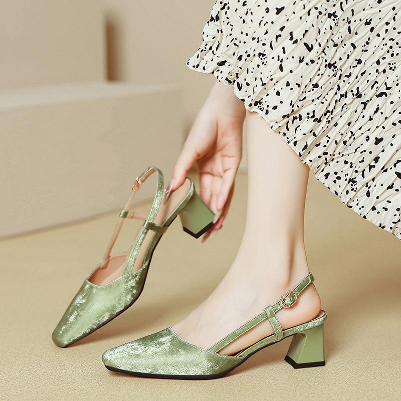 Baotou sandals women's thick heel 2025 new empty single shoes women's medium heel green one-word buckle summer high heels