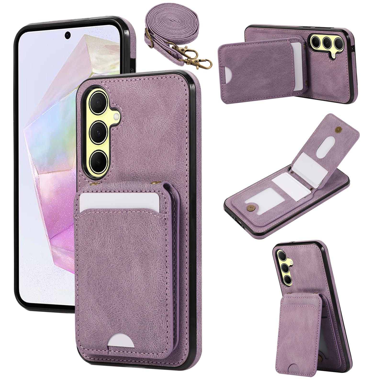

For Samsung Galaxy S25+/S24+ Case Card Holder Kickstand Leather+TPU Phone Cover with Shoulder Strap Purple