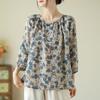 Artistic Retro Cotton and Linen Top Loose Floral Seven Quarter Sleeve Top Women's Blouses & Shirts