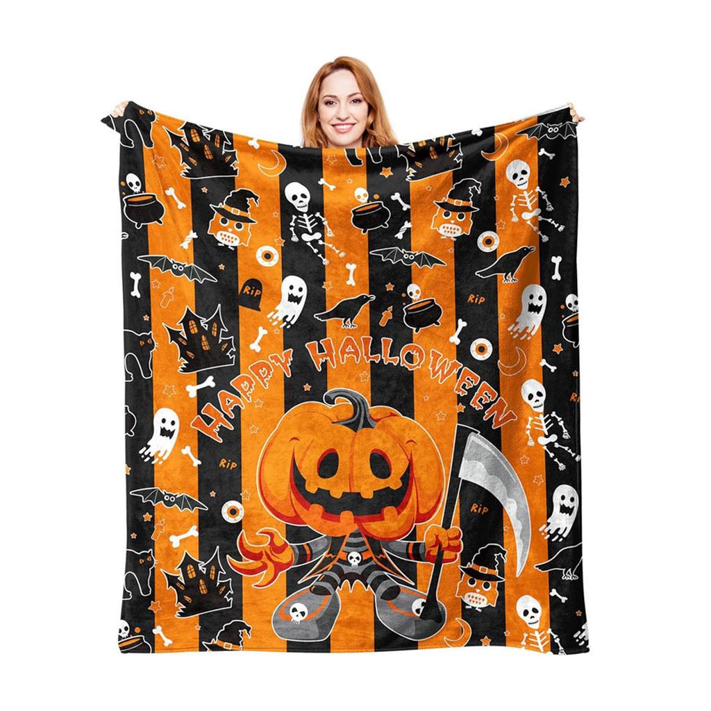 Halloween Themed Throw Blanket Soft Flannel Fabric for Family Gatherings Outdoor Activity Machine Washable Polyester