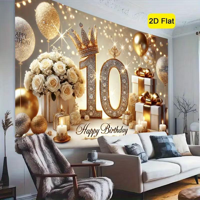 2D 10th Birthday Backdrop, Gold Glitter Banner for Party & Photo Booth