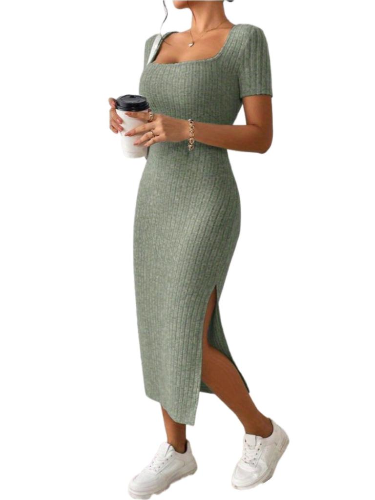Summer Square Neck, Hip-Hugging Mid-Length Skirt, Short-Sleeved, Versatile Knitted Slit Dress