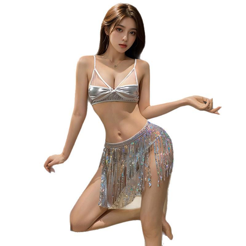 Illusion Nightclub Sequin Tassel Mini Skirt & Split Halter Lingerie 3-Piece Set