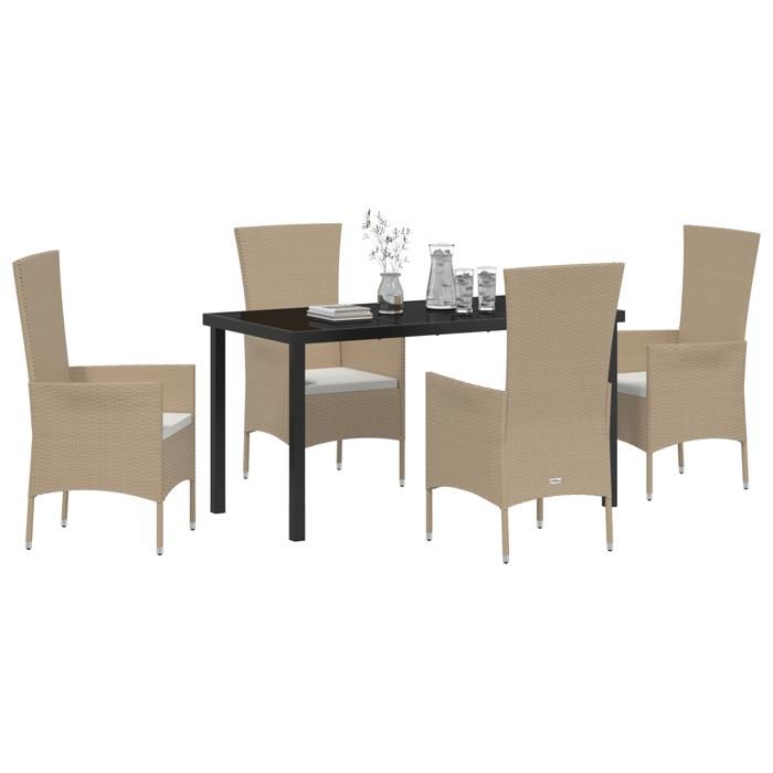 Ensemble de repas 5 pièces avec coussins en rattan poly beige 3379459