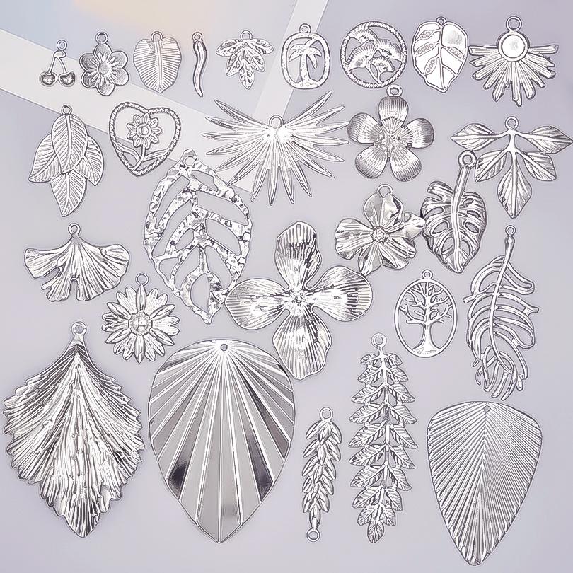 6pcs Silver Color Plant Tree Leaf Flower Charms For Jewelry Making Earring Necklace Connector Stainless Steel Charm Pendant Bulk