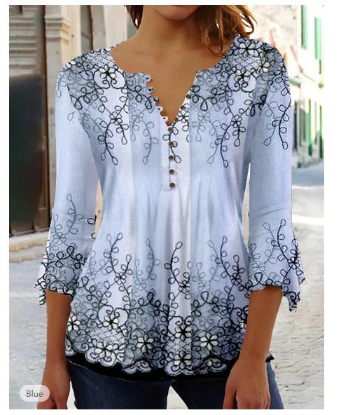 

Женская рубашка блузка с цветочным принтом на пуговицах, рукав 3/4, повседневная, с круглым вырезом, стандартная XXL