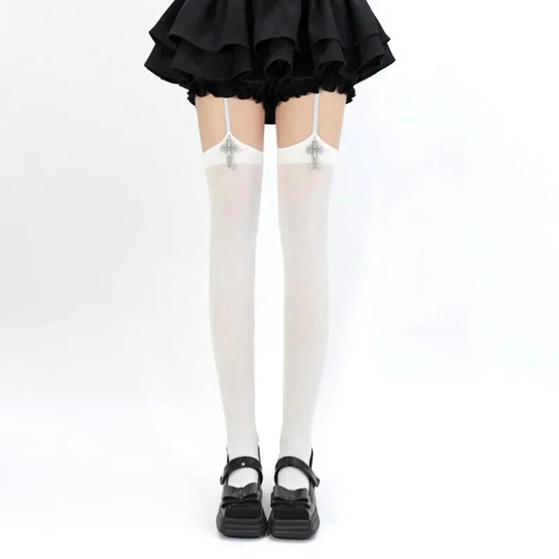 Persönlichkeit Kreuz Dekoration Frau Strumpfhalter Socken Einfarbige Dünne Oberschenkelhohe Lolita Anime Cosplay Gothic Überknie Strümpfe One Size white