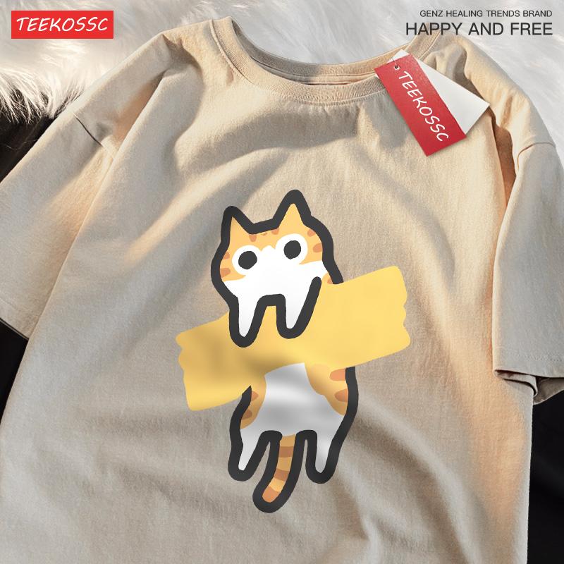 Adaptive Tape Cat Cartoon Printprint Mans Tee Clothing Cartoon Comfort Tshirt Round Neck Tshirts Retro Sxxxl Half Sleeve