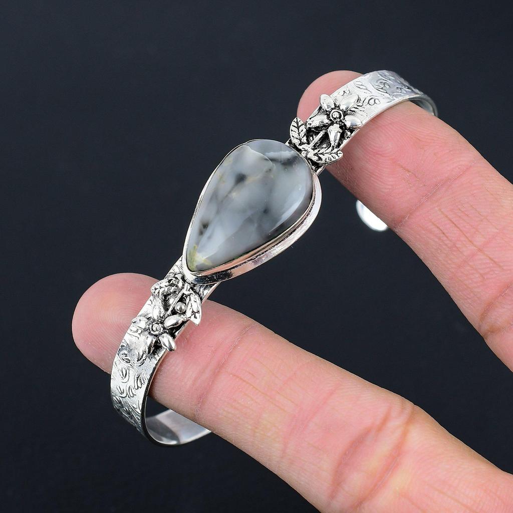 Promoção Dia das Irmãs Prata 925 Gema Ágata Fume Pera Casamento Boho Pulseira Flor