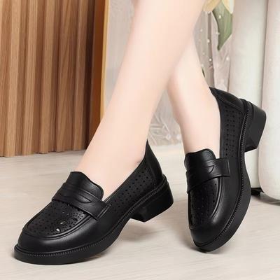 3.5cm Breathable Cutout Soft Leather Loafers Platform Shoes 2025 Spring Summer Flat Square Heels Shoes Moccasins for Office Mom