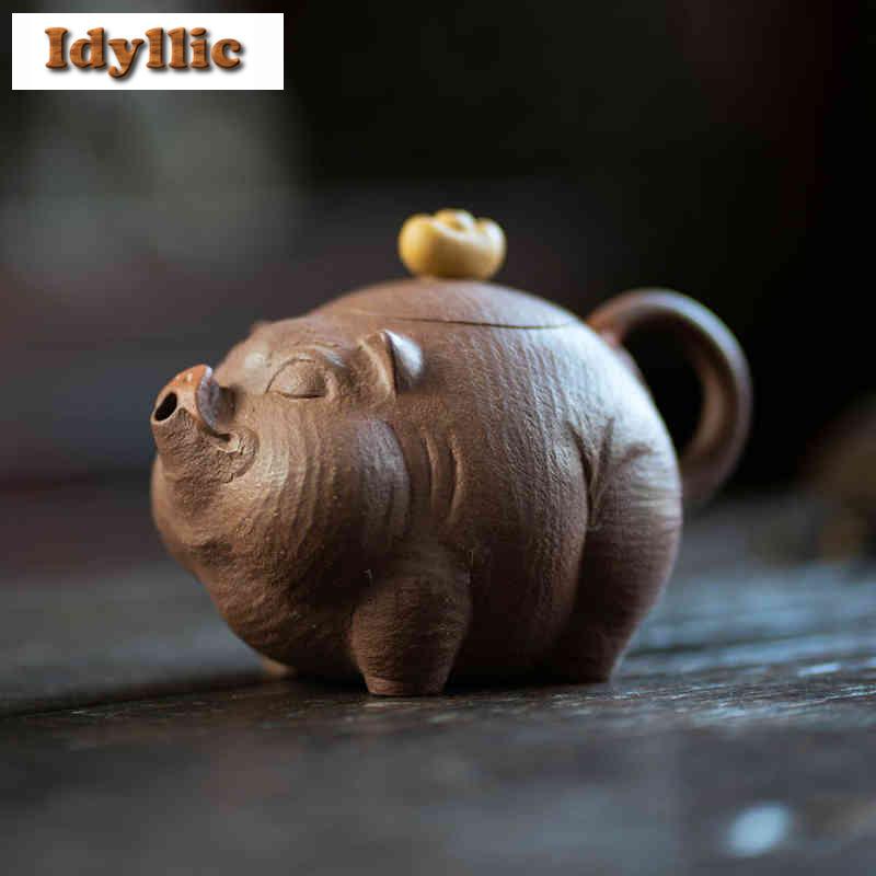 200ml Elegant Yixing Purple Clay Teapots Handmade Animals Ingot Pig Pot Raw Ore Purple Gold Mud Kettle With Filter Zisha Tea Set