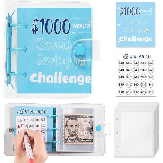 100 Envelopes Money Saving Challenge, New 100 Envelope Challenge Binder, Easy and Funny Way to Save $5,050 Budget Planner, 100 Day Envelope Challenge F-Blue