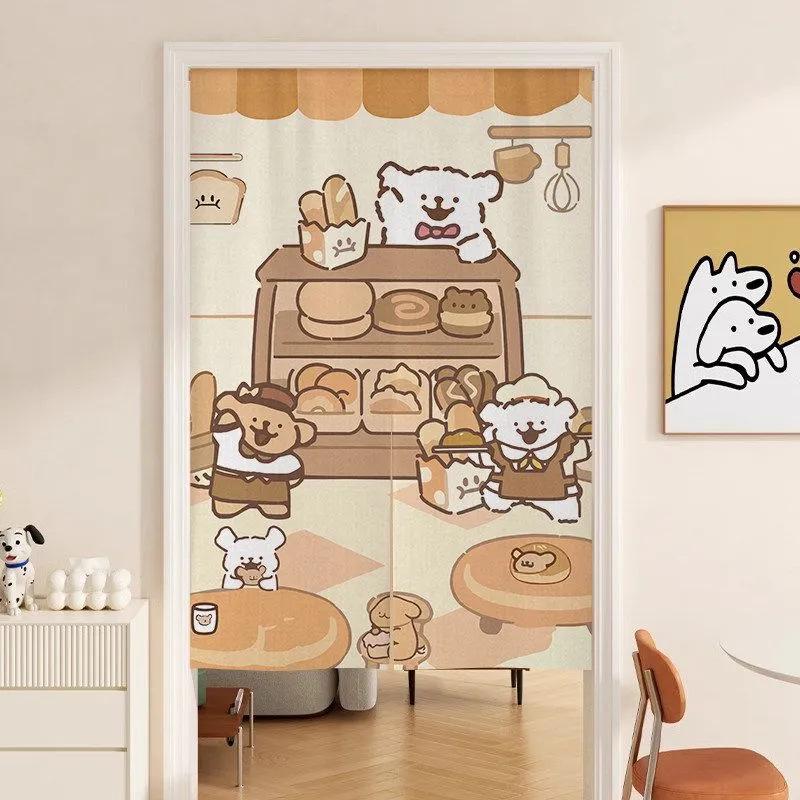 Cartoon Puppy Line Art Door Curtain: Privacy with Light-Permeable, No-Drill Hanging Design