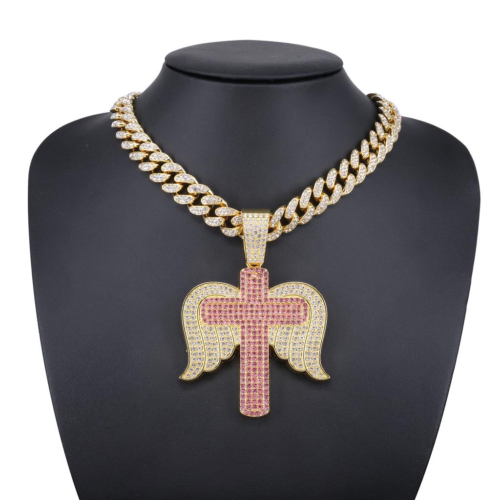 Alloy Necklace Men Trend Cross Angel Wings Pendant, Stylish Full Rhinestone Cool Hip Hop Jewelry