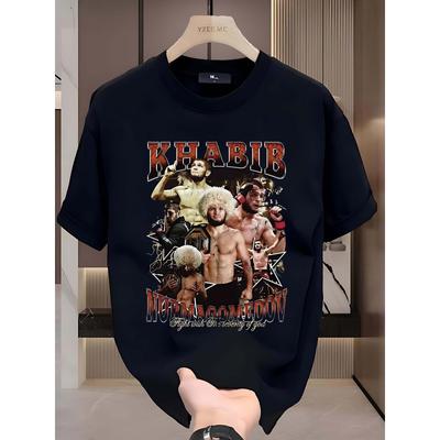 Black Short-Sleeve T-Shirt with Khabib Nurmagomedov Pattern