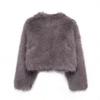 Cappotto Corto da Donna Grigio in Ecopelliccia Collo Tondo Ampio Manica Lunga Caldo Capospalla Stile Street Autunno Inverno