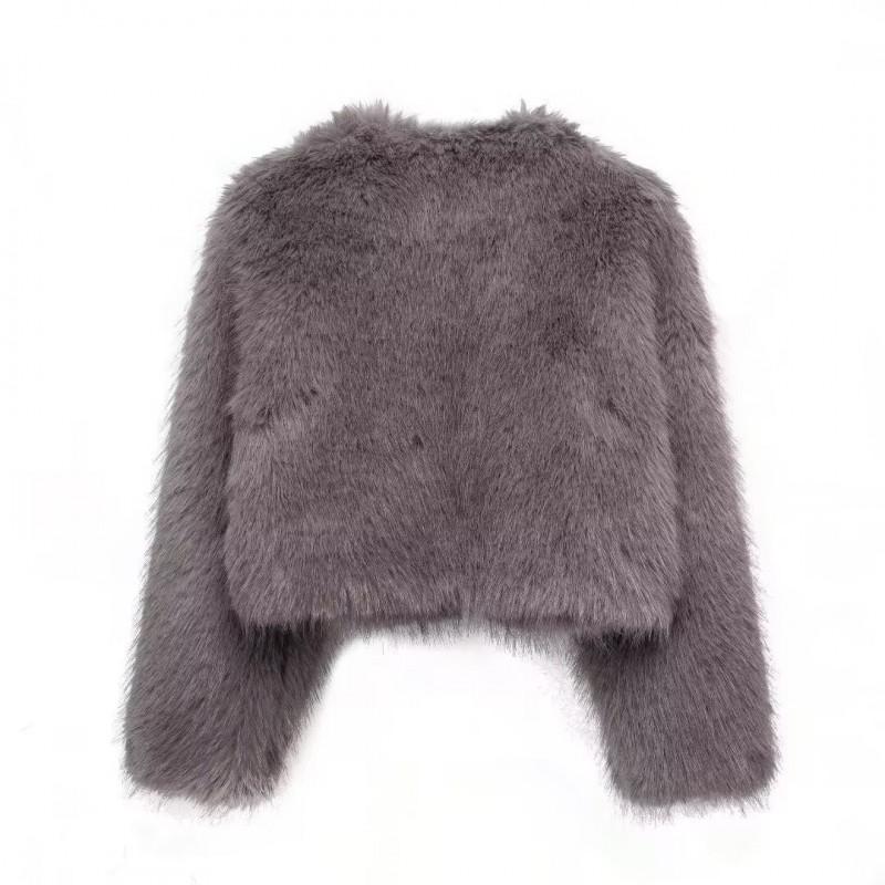 Cappotto Corto da Donna Grigio in Ecopelliccia Collo Tondo Ampio Manica Lunga Caldo Capospalla Stile Street Autunno Inverno