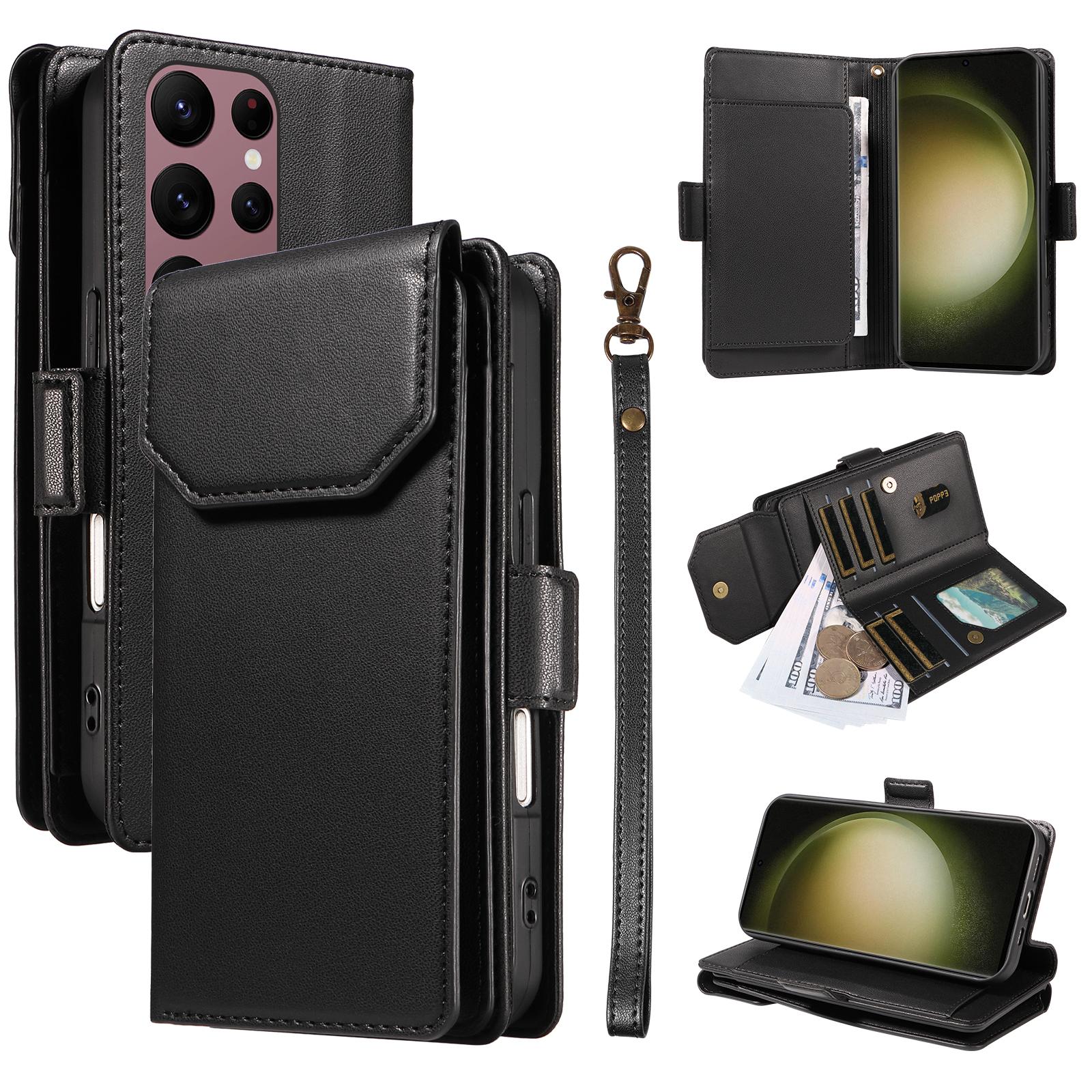

For Samsung Galaxy S23 Ultra Case with Multi-Card Holder and Strap PU Leather Phone Cover Stand Black