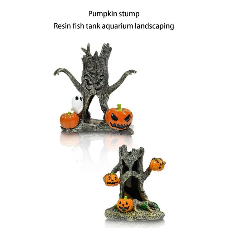 Halloween Resins Sculpture for Fish Tanks Table Displays and Outdoor Garden Decoration Featuring Stump Pumpkin