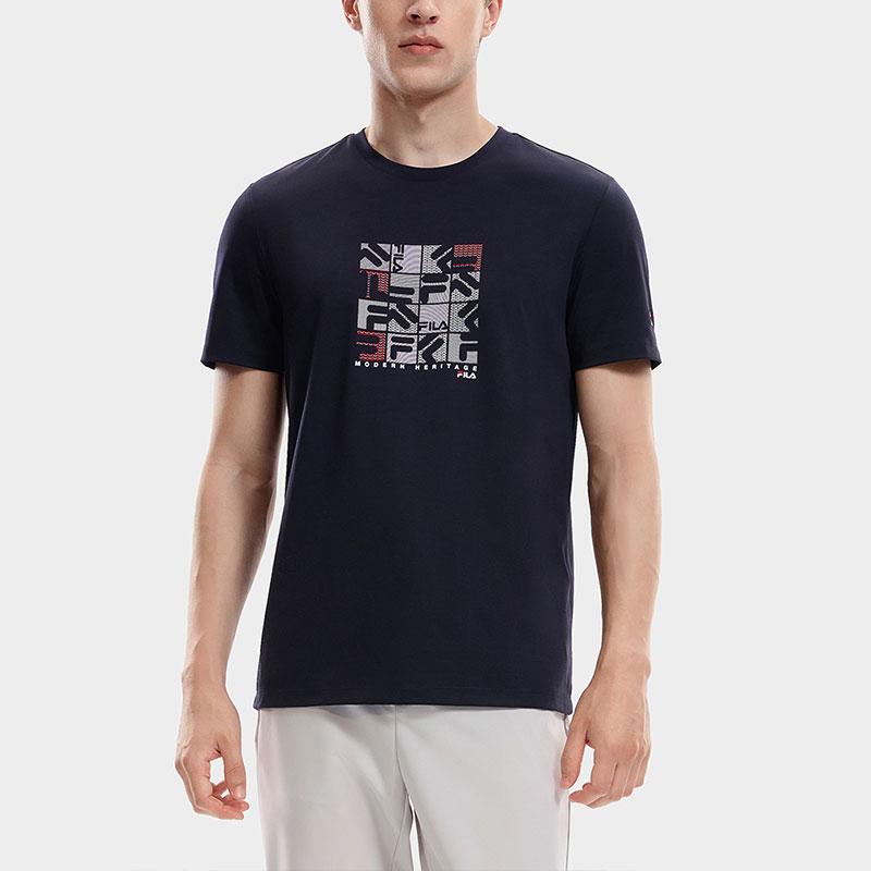 FILA Letter Print American Vintage Knit Classic Business Casual Crew Neck Short Sleeve T-Shirt Men T-Shirts Legendary-Blue F11M331112F-NV