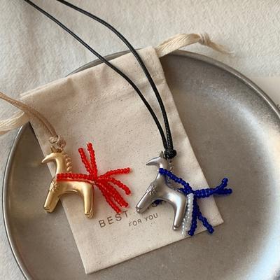 Long Adjusting Wax Rope Chain Choker Hip Hop Rock Metallic Cartoon Horse Beads Strand Tassel Pendant Necklaces for Women