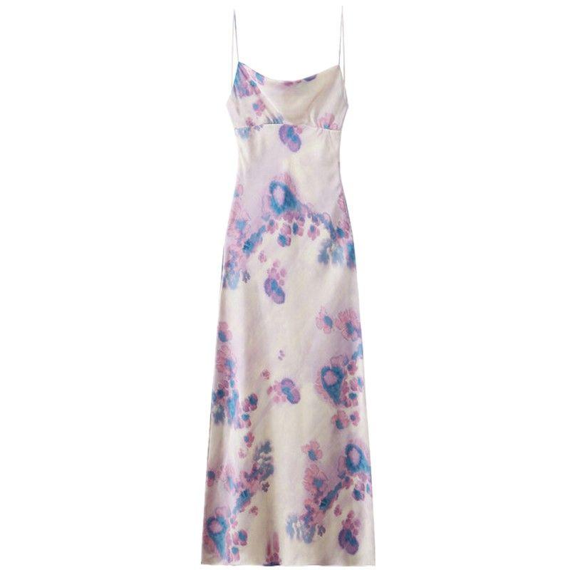 Western Style 2024 Autumn New Women clothes Sexy Temperament Flower Print Sling Thin Drawstring Dress 8475471