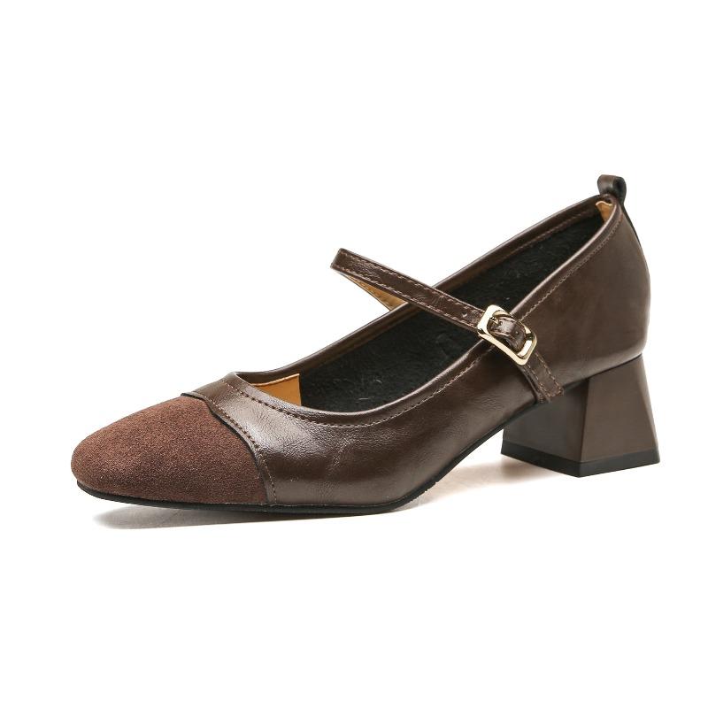 

Temperament retro small square head thick heel Mary Jane single shoes women s one-button new versatile high heels 40 коричневий