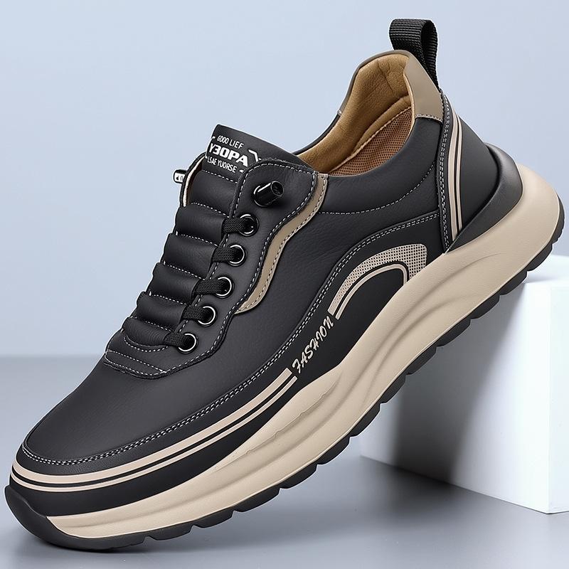 Leather shoes men's thick sole  spring and autumn breathable casual board shoes leather surface waterproof simple men's shoe