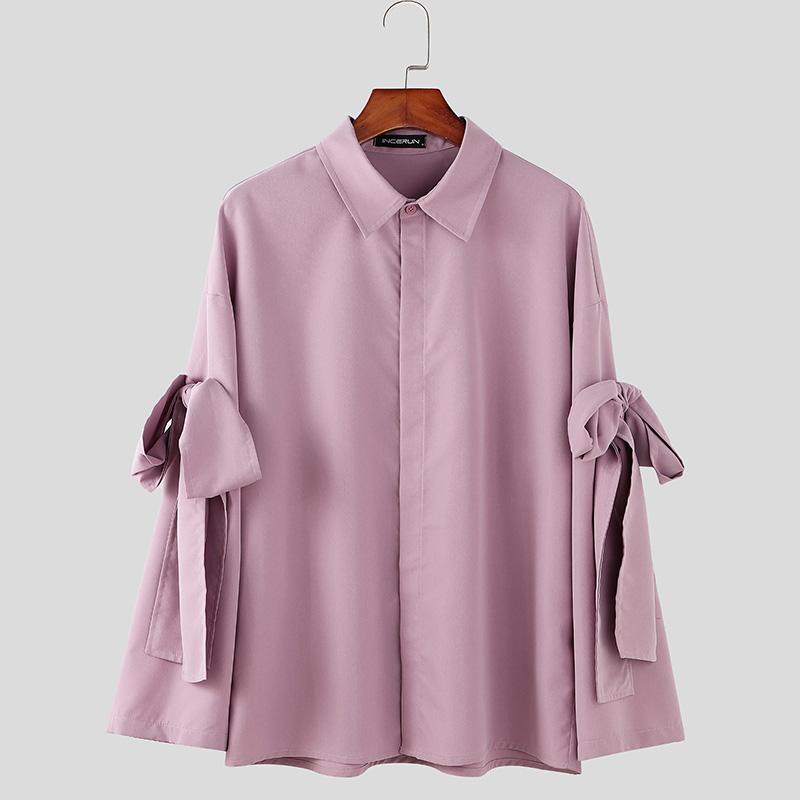 

INCERUN Мужские рубашки оверсайз с лацканами, длинными рукавами и бантом, повседневные топы с перевязкой M розовый