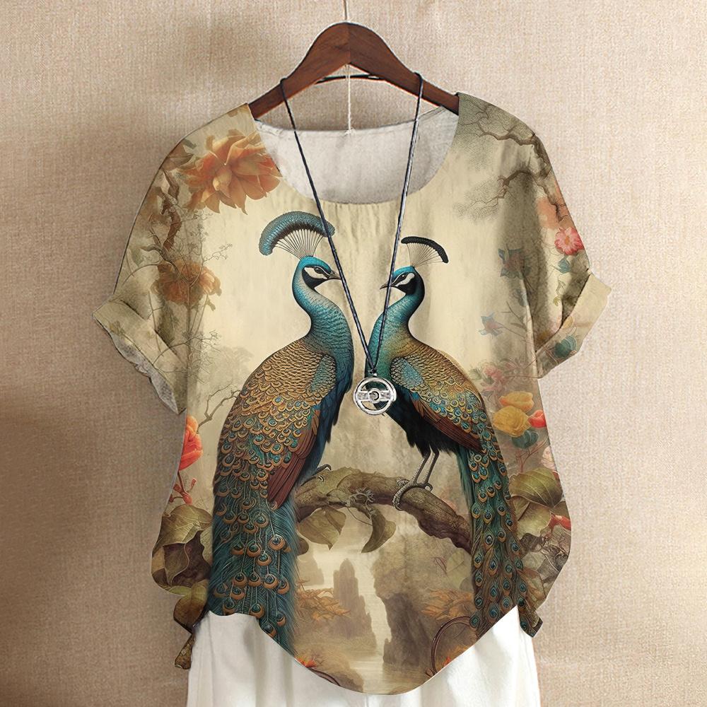 Harajuku Casual Short Sleeve Top Tee O Neck Oversized Female Clothing Women's T-Shirts Cute Animal Peacock 3d Print T-Shirt