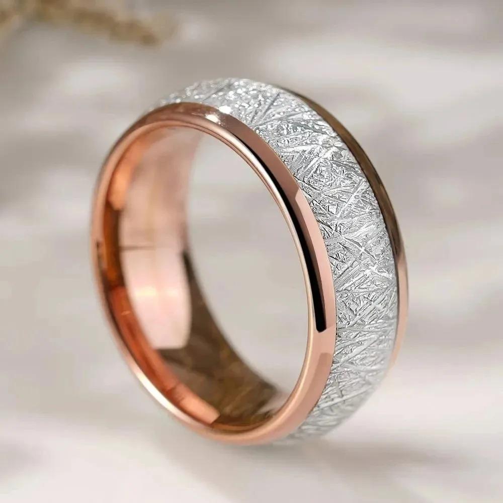 Trendy 8mm Rose Gold Color Men Stainless Steel Rings Vintage Imitated Meteorites Inlaid Rings For Men Wedding Band  Gifts