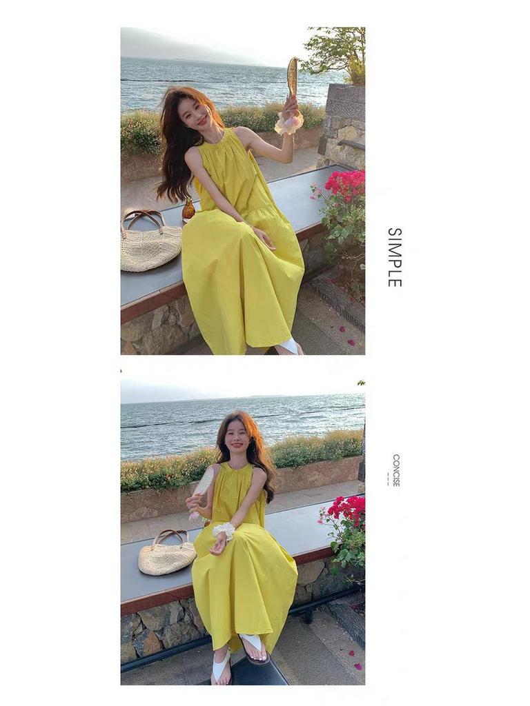 Elegant Yellow Sleeveless Halter Neck A-line Dress - Women's Retro Resort Style.