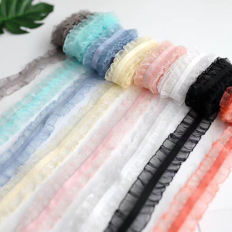 5 Yards/lot Black Gray Elastic Bilateral Lace Trim Ruffle DIY Lace Ribbon 2.5cm Width