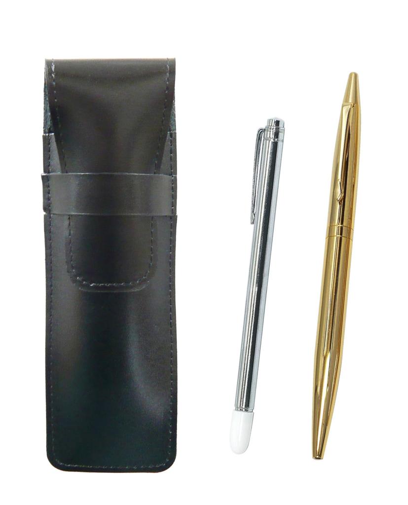 Slim Black Cowhide Leather Pen Case with Metal Pointer and Elegant Gold Rotating Ballpoint Pen Set ASB-701S-DS2