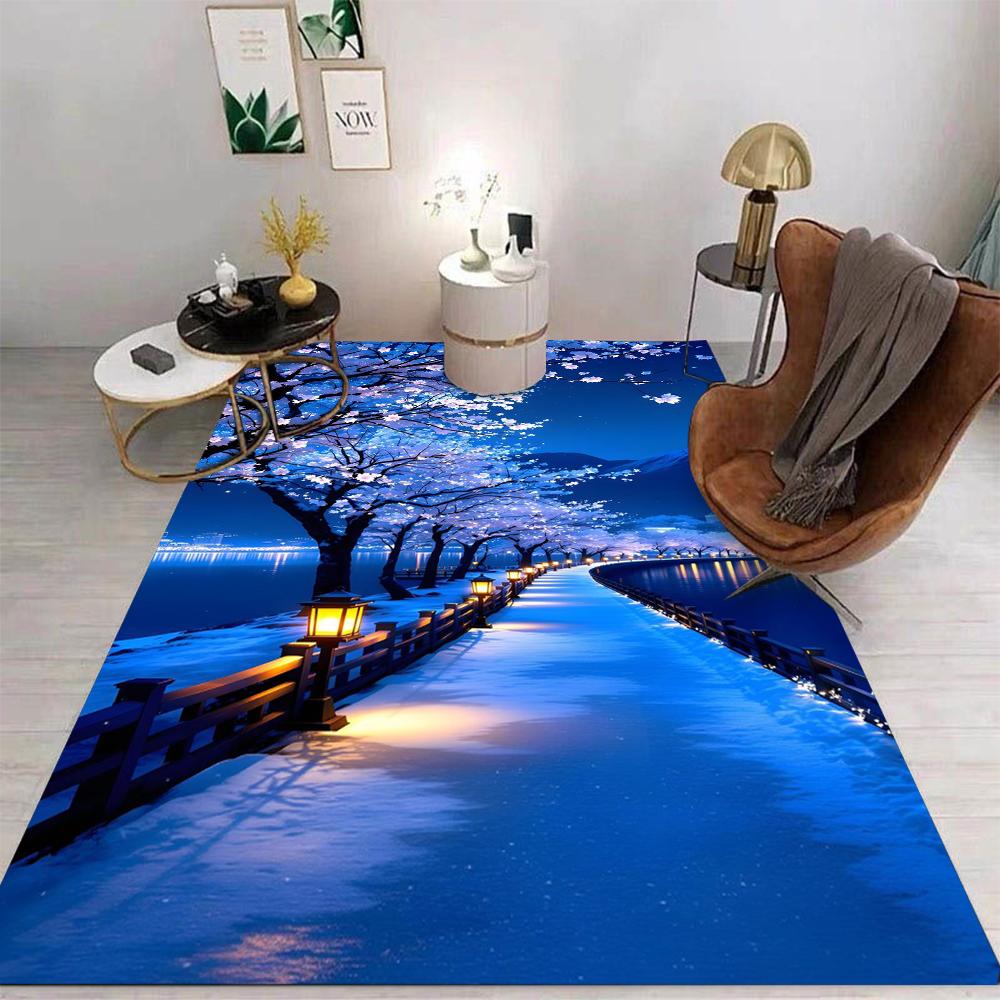 Japanese Cherry Blossom Night Scene Carpet Various Styles With Moon River Street Lamp Floral Patterns Rug For Living Room Decor