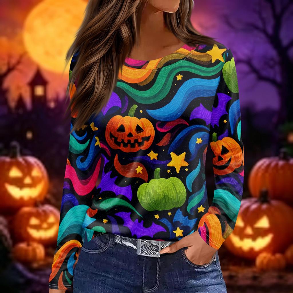 Women's Long Sleeve Halloween Print Top Split Hem Casual Pullover Round Neck Shirt Lightweight Comfortable Fit