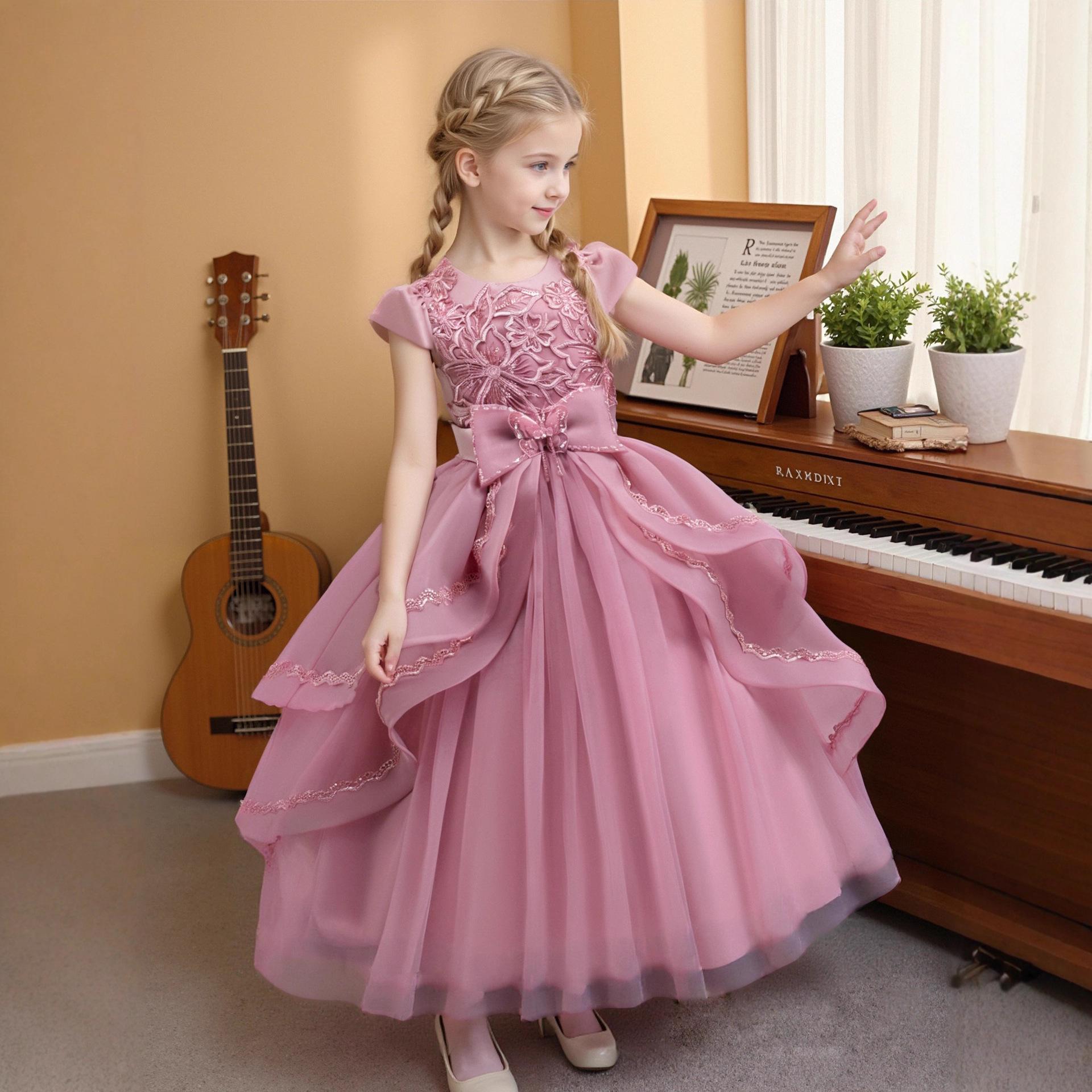 

Платья принцесс для девочек Необычное длинное сетчатое платье Платья Средние Большие Детские Одежда для выступлений на фортепиано Рождественские костюмы Любимое платье девочки 160cm темно-розовый