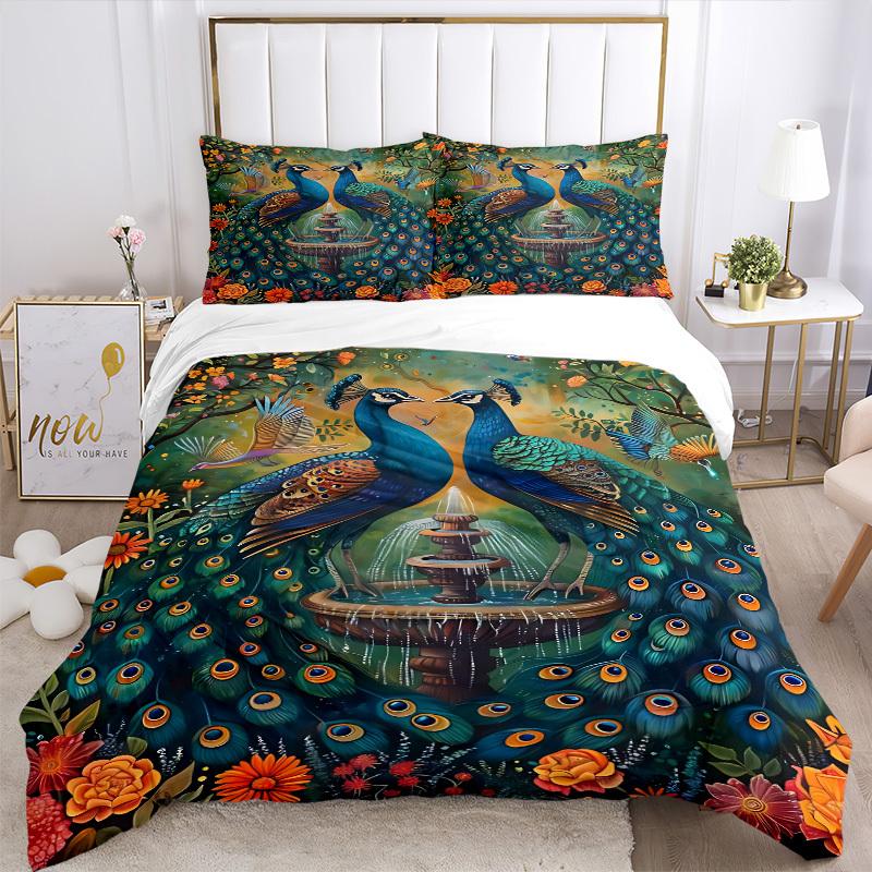 3pcs Peacock Garden Fountain Duvet Cover Set, Cover For Bedroom Guest Room (1 Duvet Cover + 2 Pillowcase, Without Quilt), yy250922132