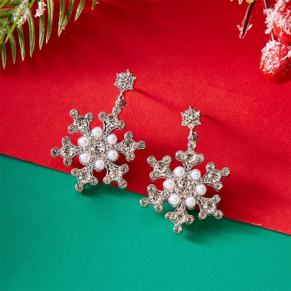 Snowflake Drop Earrings Crystal Zircon Pearl Ear Jewelry Christmas Stud Earrings  For Women Girl