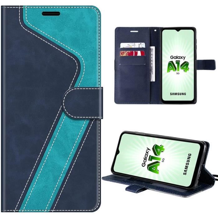 Coque pour Samsung Galaxy A14 4G-5G - BOOLING - Protection Pliable en Cuir PU - Bleu