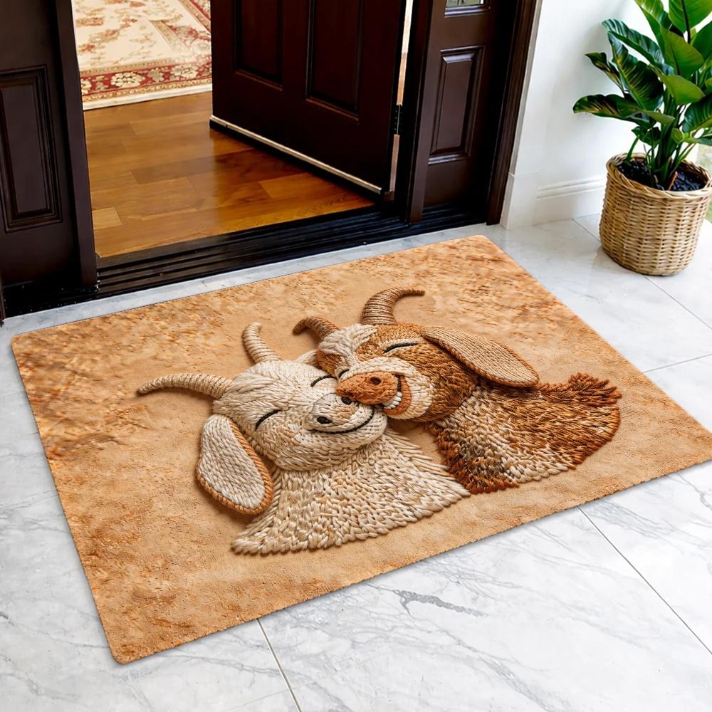 2D Flat Cute Goat Couple Woven Texture Flannel Door Mat Non Slip Farmhouse Animal Rug For Entryway Porch Floor Decor