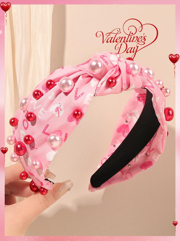 Valentine's Day Headband for Women Pearl Knotted Headband Red Pink Pearl Hairband Wide Top Knot Hairband Valentine’s Gifts